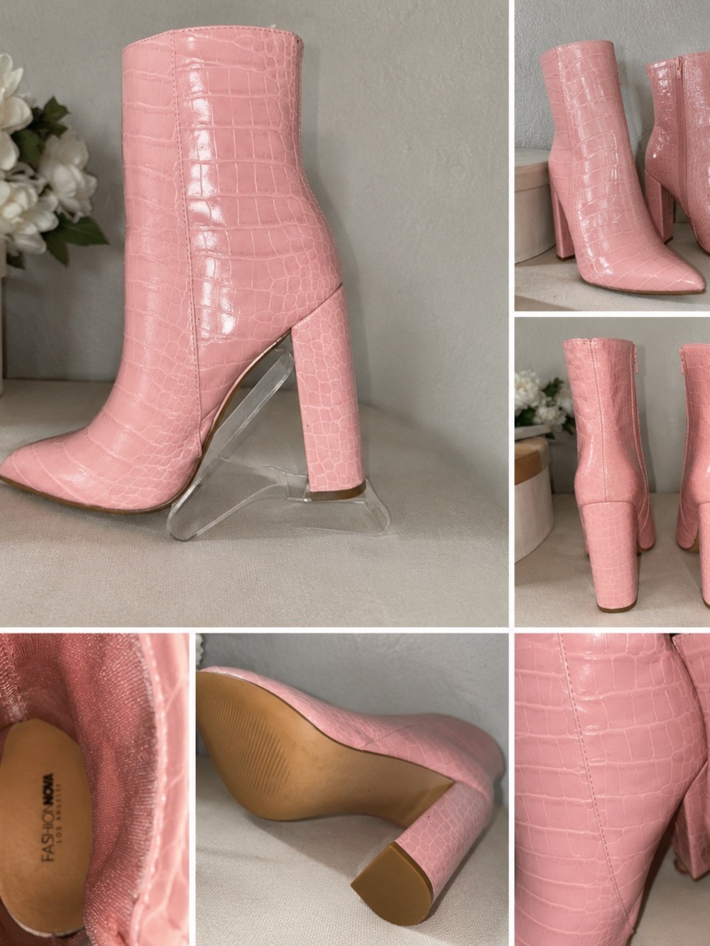Fashion Nova Pink Croc-Embossed Block Heel Ankle Boots
